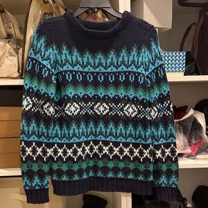 Talbots Women's Navy and Teal Patterned Crewneck Sweater